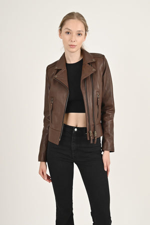 Women's Brown Leather Biker Jacket