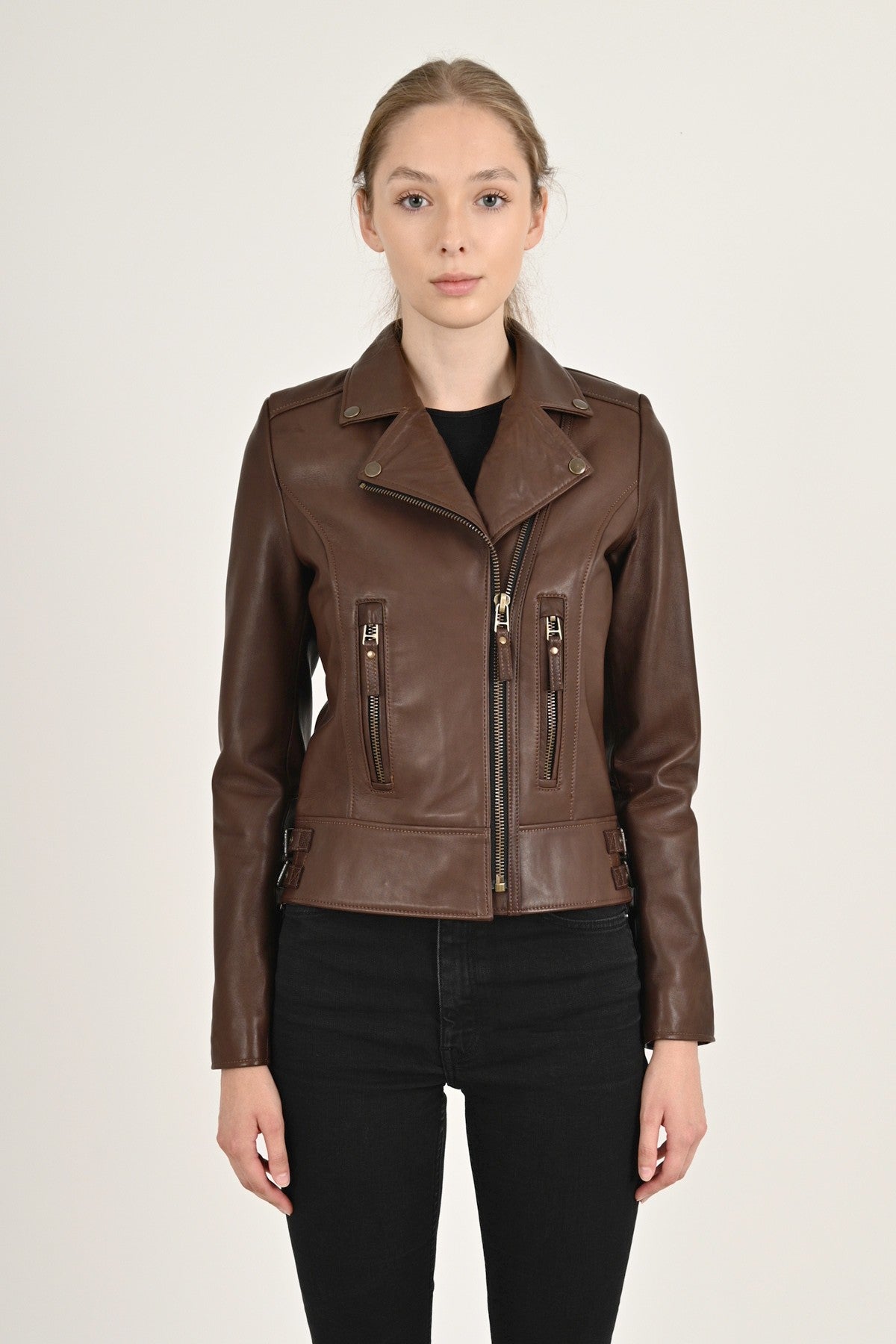 Brown Leather Biker Jacket Women's