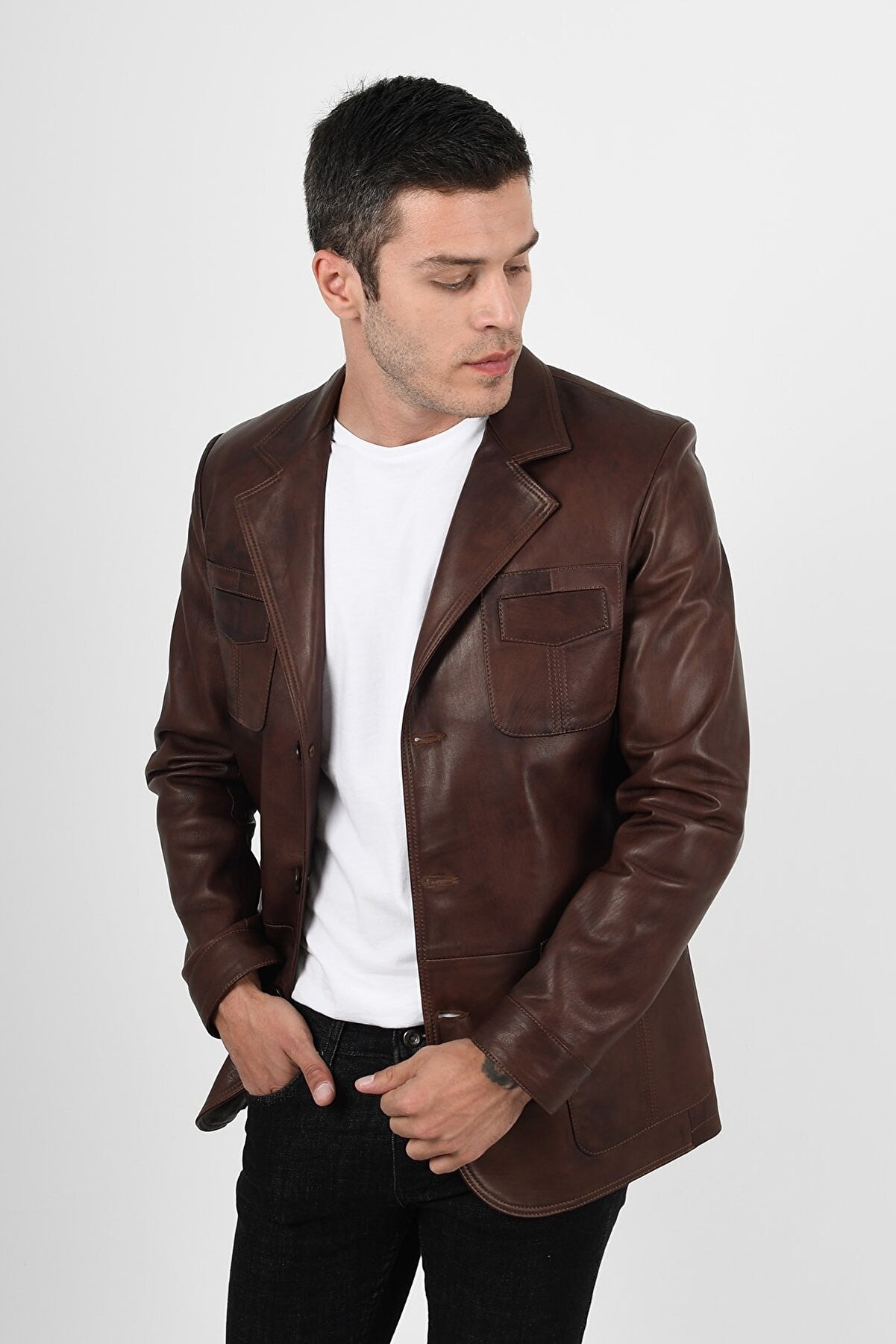 Button Up Brown Leather Blazer Men's