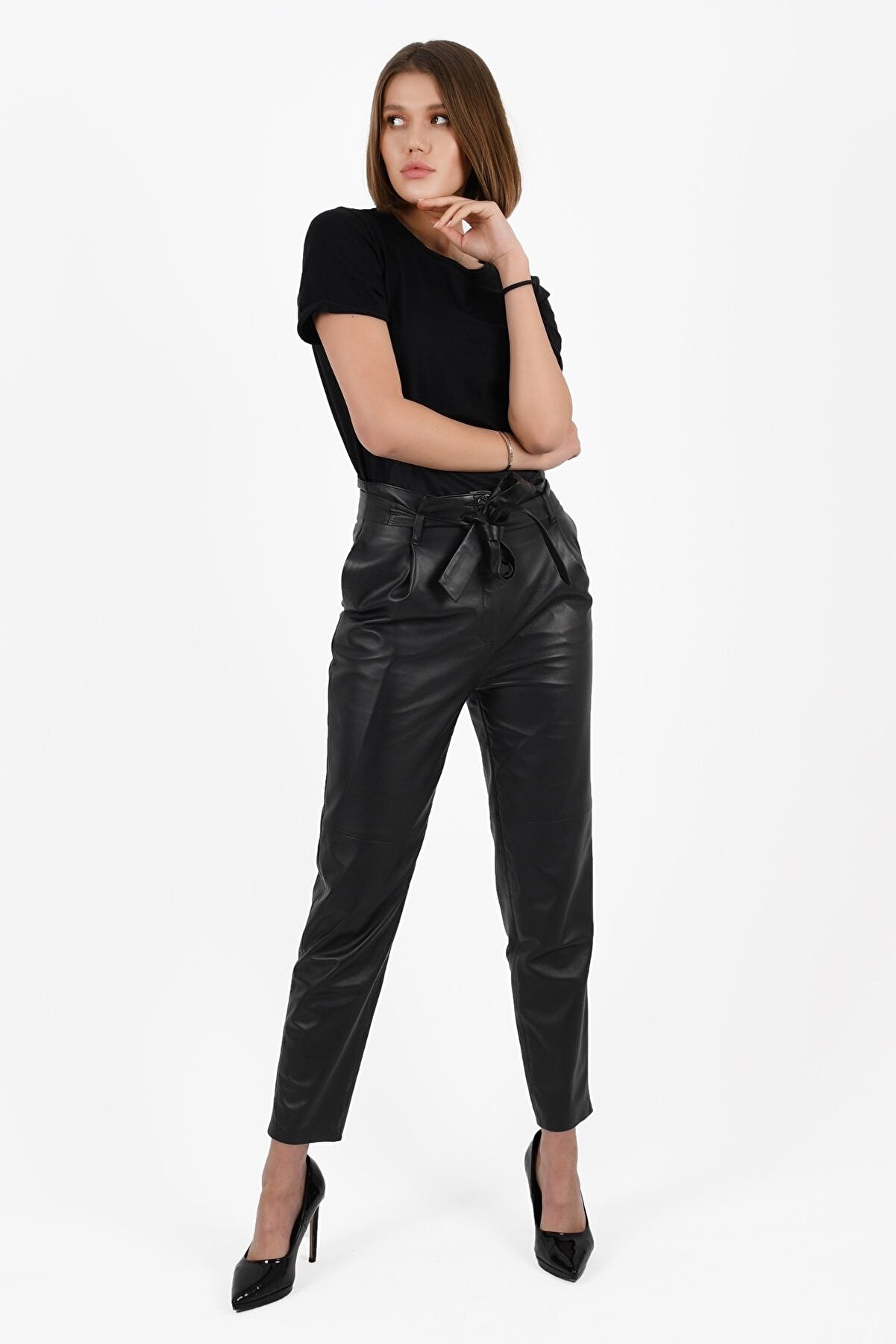 Women's Black Leather Belted Tapered Trousers