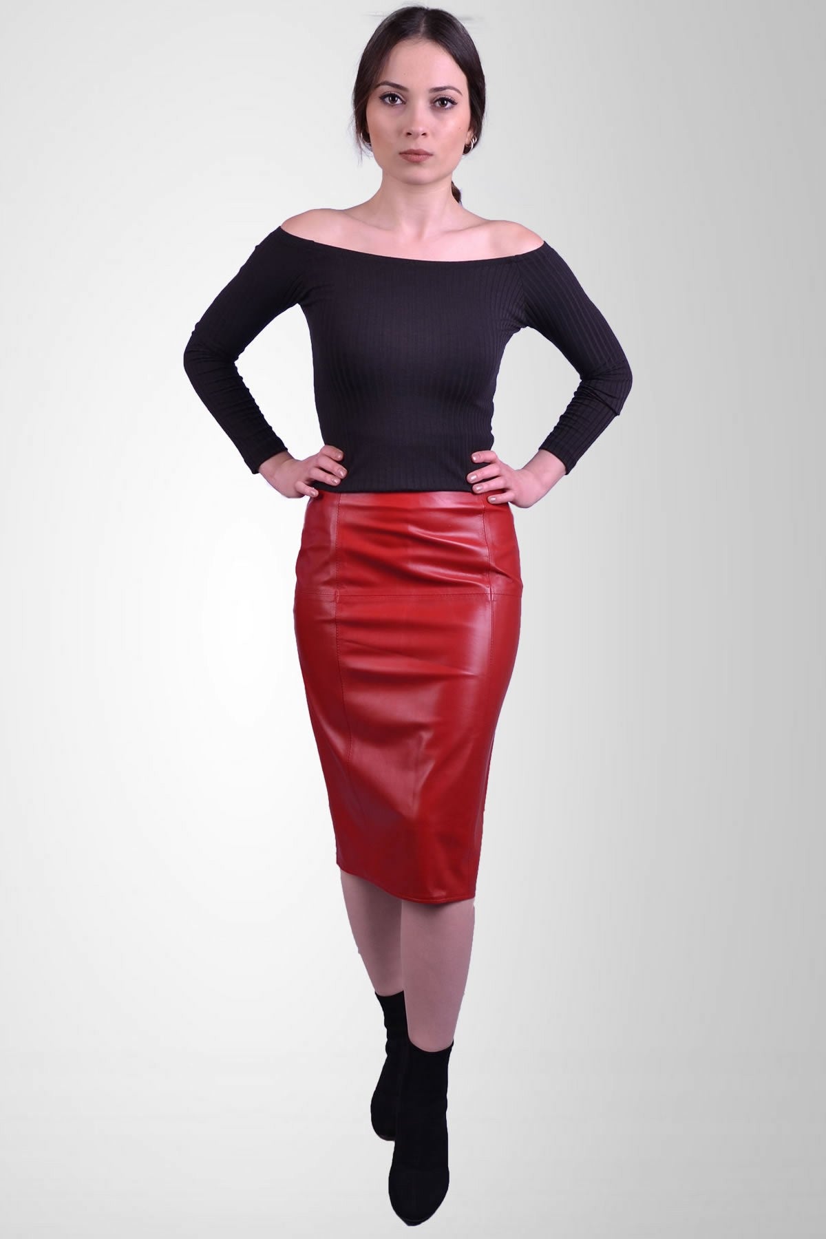 Red Leather Pencil Skirt