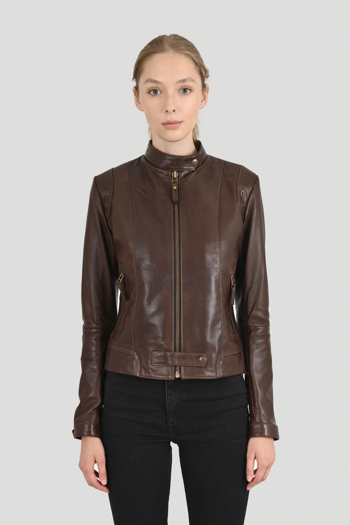 Leather Short Jacket for Women Wax Brown