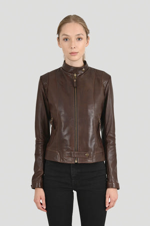 Leather Short Jacket for Women Wax Brown