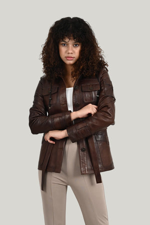 Women's Brown Leather Jacket with Hood