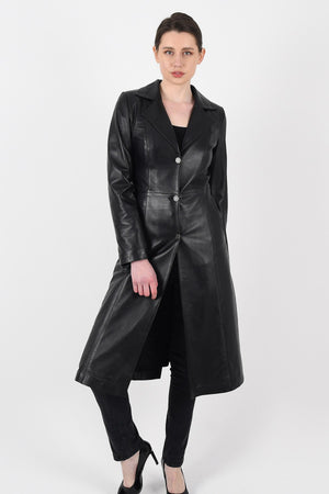 Full Length Black Leather Coat for Women's