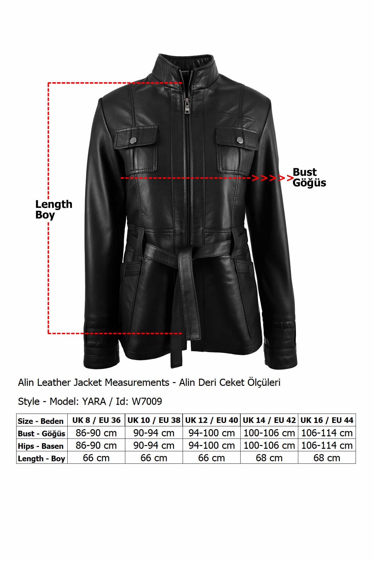 Alin Leather - Yara Belted Women's Black Leather Coat Size Chart