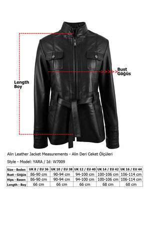Alin Leather - Yara Belted Women's Black Leather Coat Size Chart