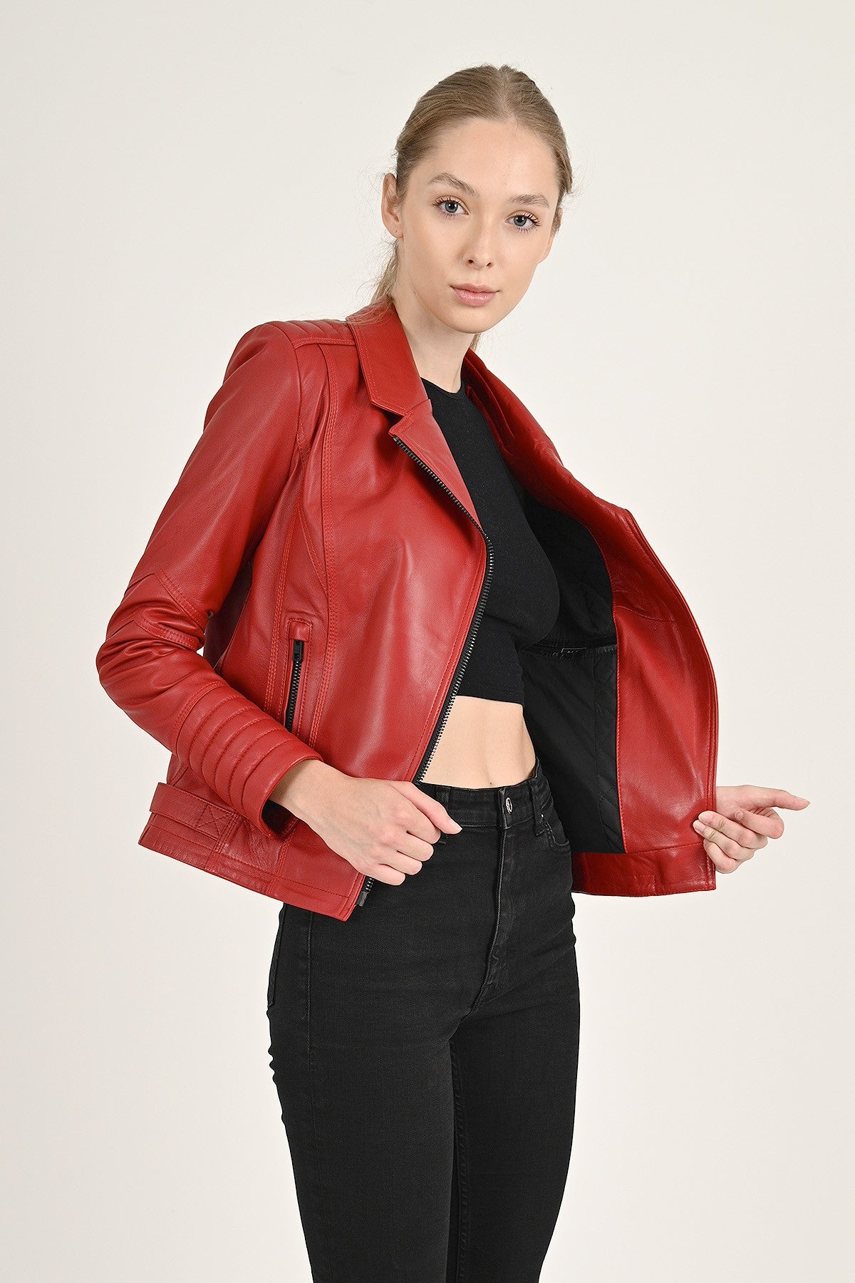 Alin Leather - Alexa Women's Red Leather Biker Jacket