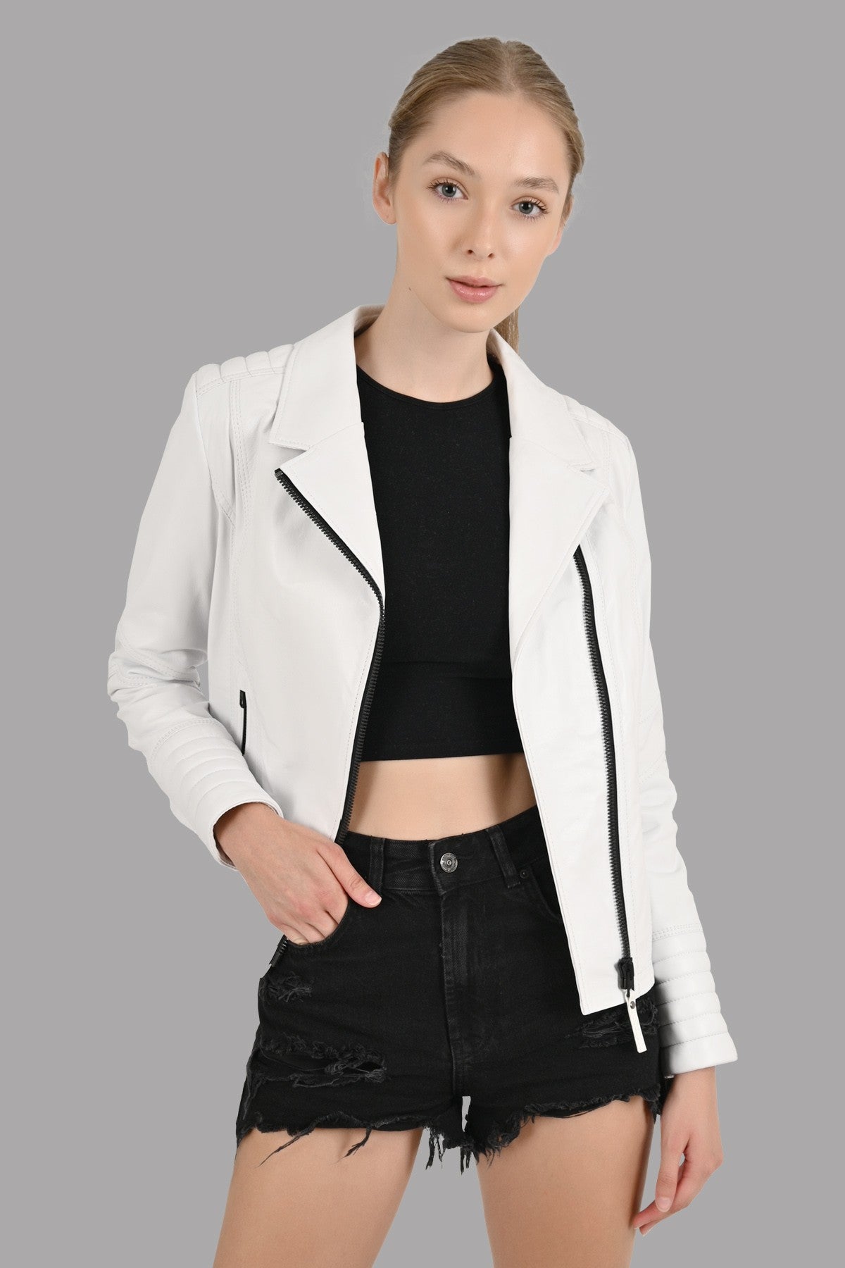 Alin Leather - Alexa Women's White Biker Leather Jacket