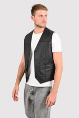 ALiN Alfie Men's Genuine Leather Button Up Leather Waistcoat Black