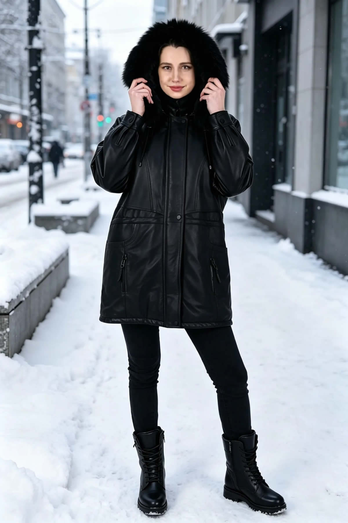 ALiN Bridget Women's Genuine Leather Fur Hooded Leather Coat Black
