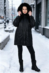 ALiN Bridget Women's Genuine Leather Fur Hooded Leather Coat Black