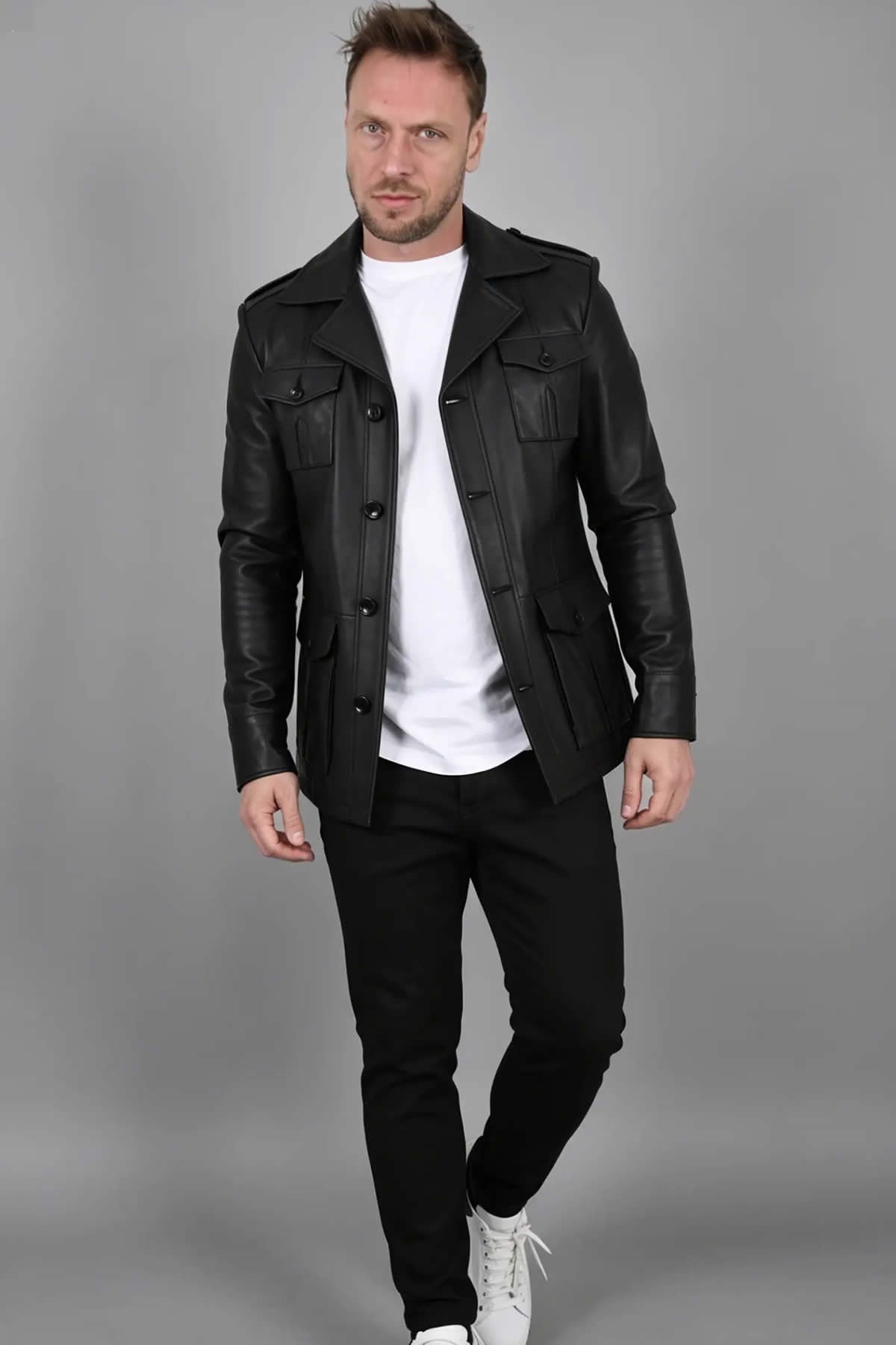 ALiN Harrison Men's Genuine Leather Safari Leather Coat Black