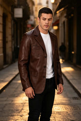 ALiN Martell Men's Genuine Leather Blazer Leather Jacket Brown
