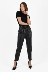ALiN Mavi Women's Genuine Leather Tapered Leg Leather Trousers Black