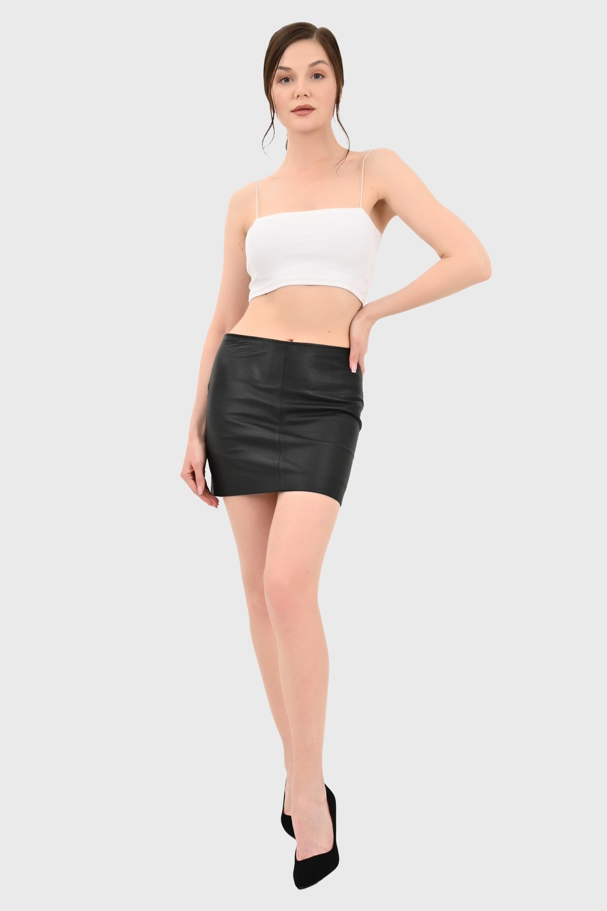 ALiN Megan Women's Genuine Leather Mini Leather Skirt Black
