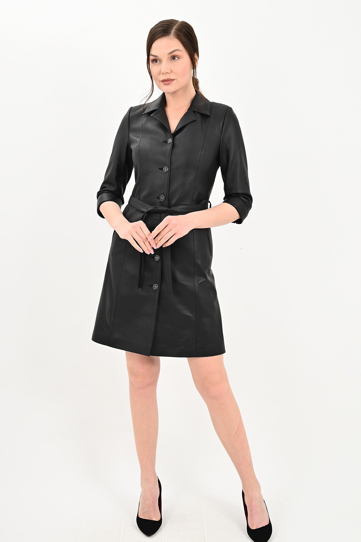 ALiN Perry Women's Genuine Leather Button-Up Belted Leather Dress Black