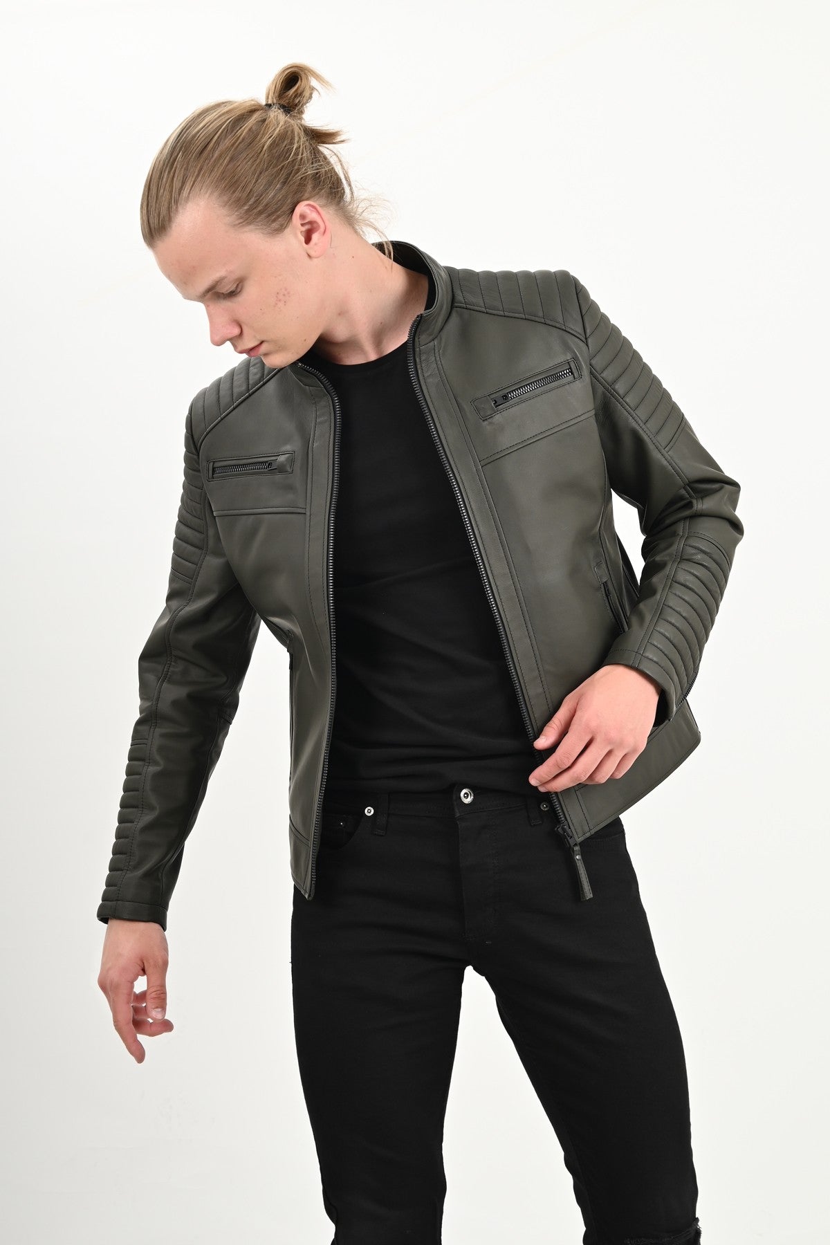 ALiN Sandor Men’s Genuine Leather Quilted Leather Jacket Green