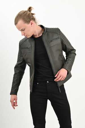 ALiN Sandor Men’s Genuine Leather Quilted Leather Jacket Green
