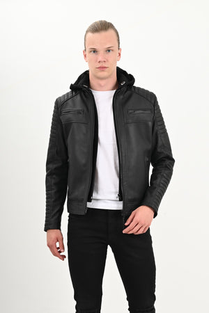 ALiN Sherwood Men's Genuine Leather Hooded Leather Coat Black