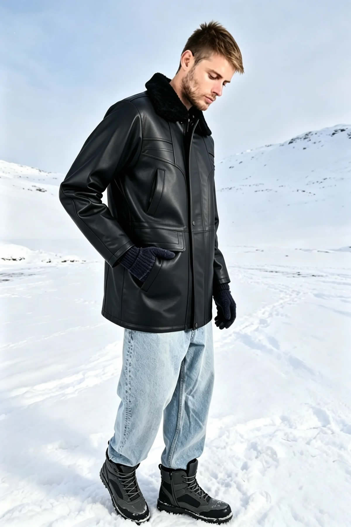 ALiN Tarkan Men's Genuine Leather Fur Collar Winter Leather Coat Black