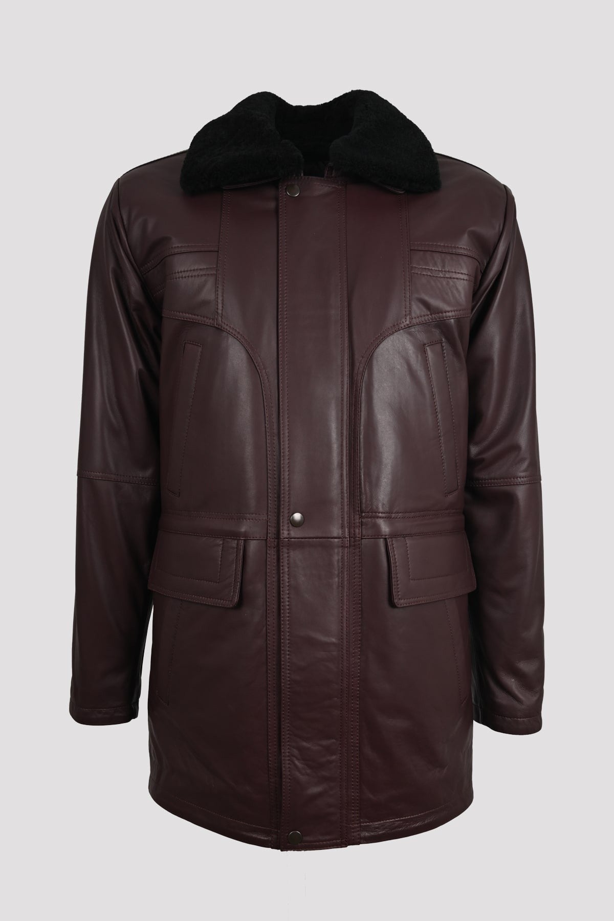 ALiN Tarkan Men's Genuine Leather Fur Collar Winter Leather Coat Bordo