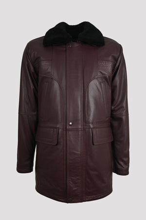 ALiN Tarkan Men's Genuine Leather Fur Collar Winter Leather Coat Bordo