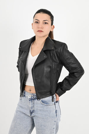 ALiN Topaz Women's Genuine Leather Crop Leather Jacket Black
