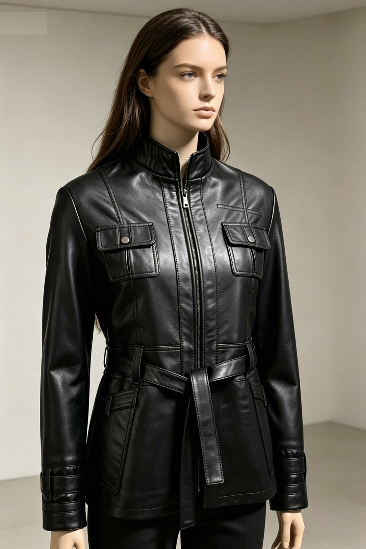 ALiN Yara Women's Genuine Leather Belted Leather Coat Black
