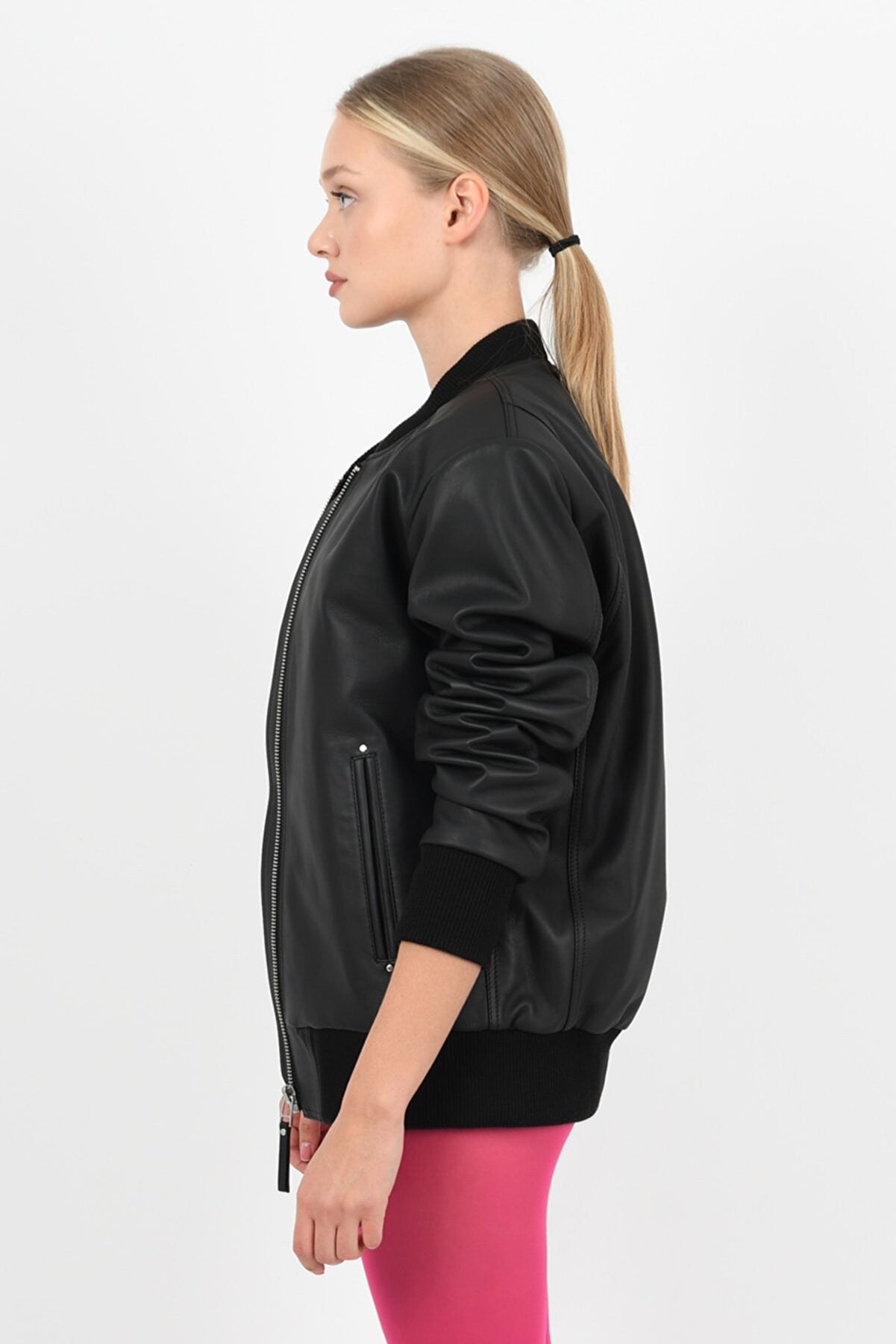 Alin Leather - College Oversized Women's Black Leather Coat