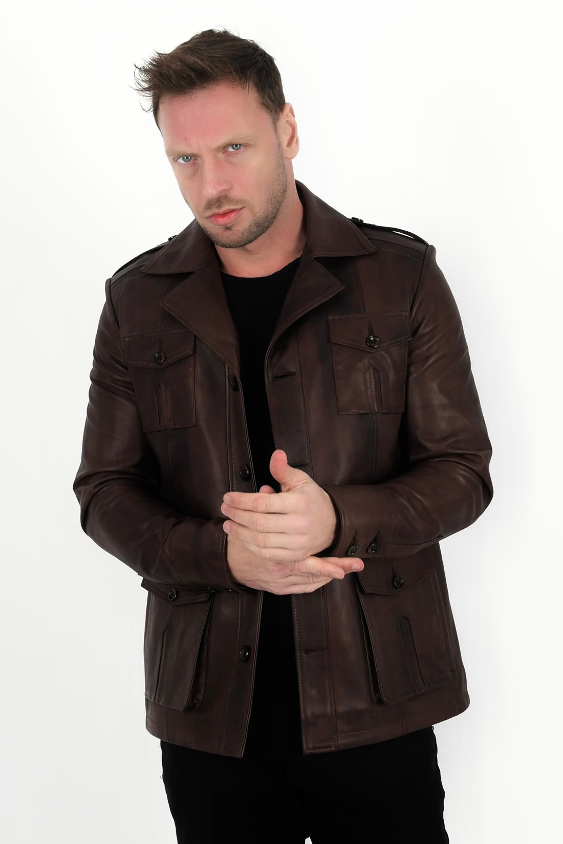 Men’s Brown Leather Coat Harrison, Real Leather