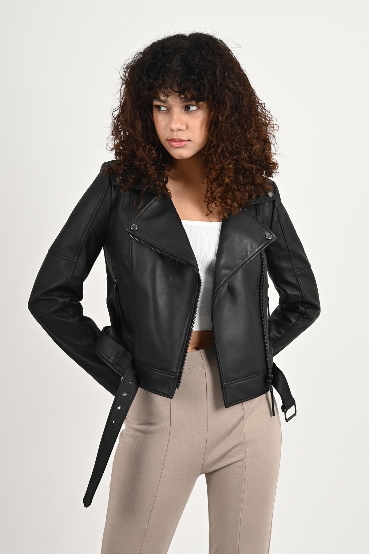 Alin Leather - Jenner Women's Black Leather Belted Biker Jacket