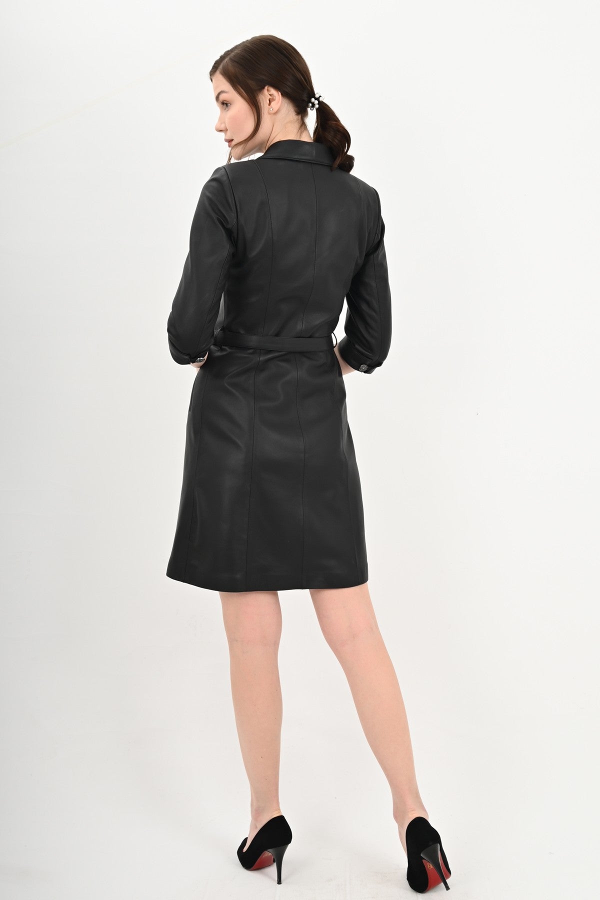 Alin Leather - Perry  Short Sleeve Black Leather Dress