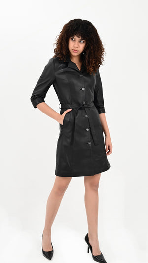 Alin Leather - Perry  Short Sleeve Black Leather Dress