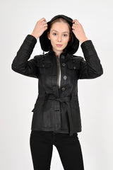 Alin Leather - Sansa Hooded Women's Black Leather Coat