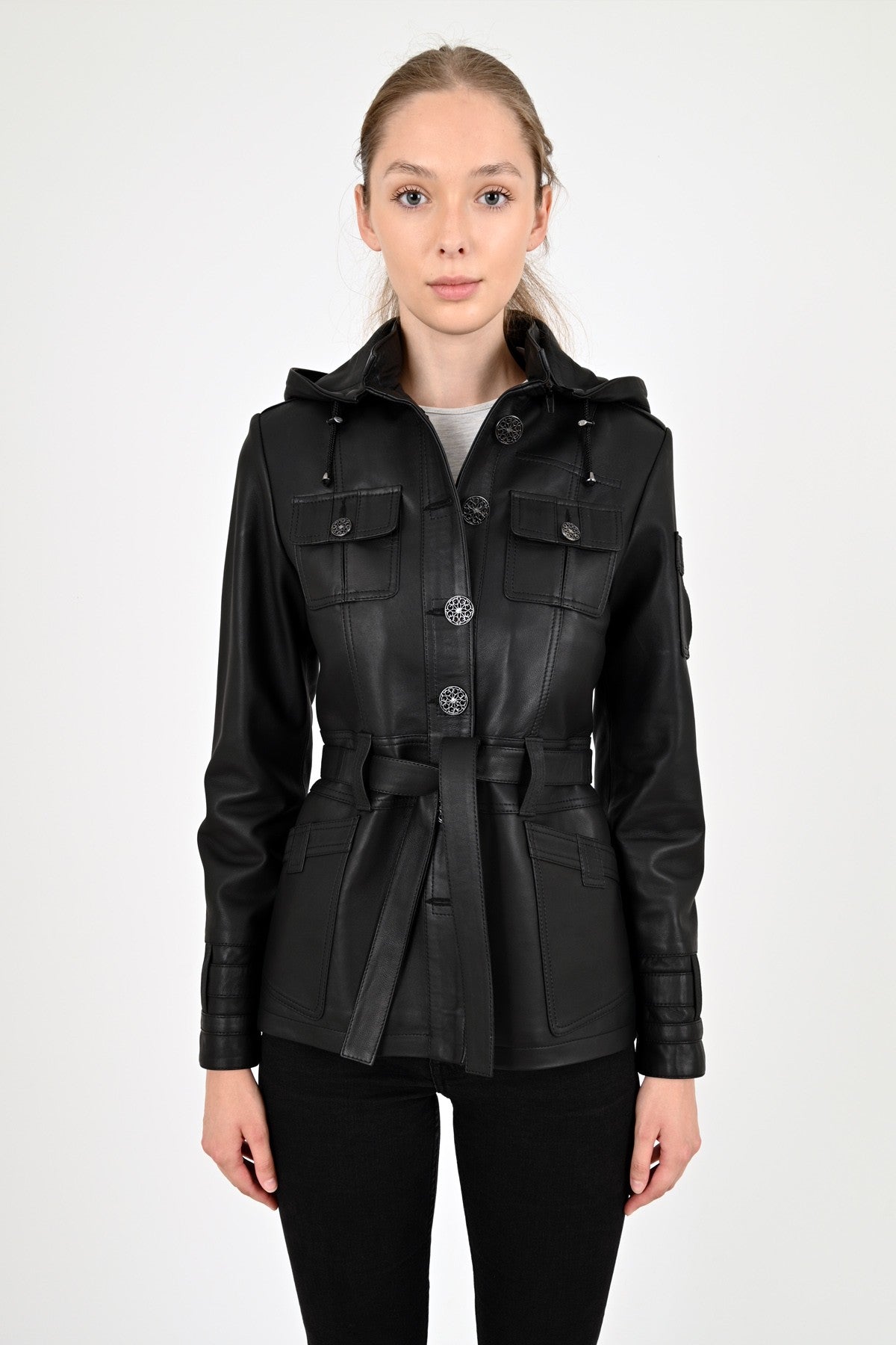 Alin Leather - Sansa Hooded Women's Black Leather Coat