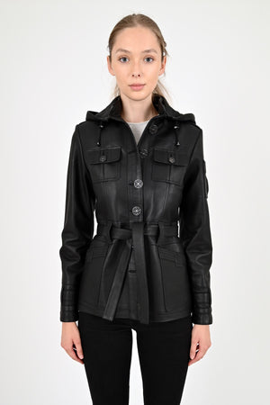 Alin Leather - Sansa Hooded Women's Black Leather Coat