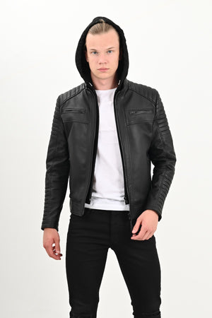 Alin Leather - Sherwood Hooded Men's Black Leather Coat